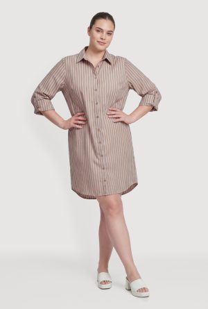 Plus Size Pinstripe Poplin Shirt Dress with Tab Sleeves