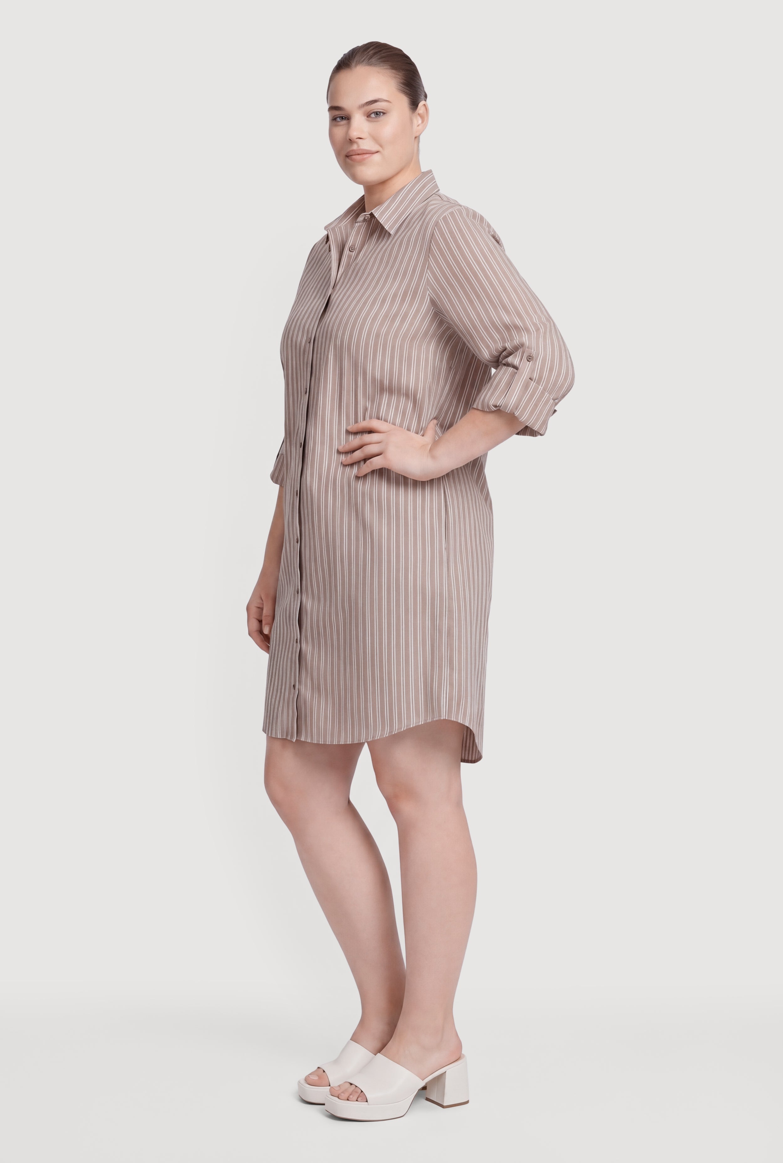 Plus Size Pinstripe Poplin Shirt Dress with Tab Sleeves - Image 2