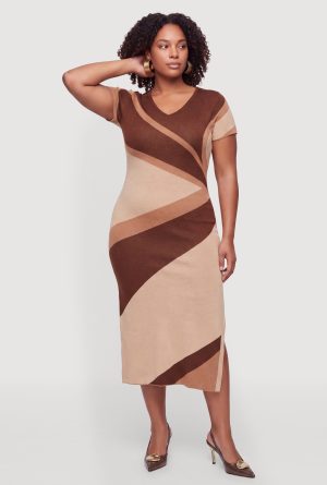 Plus Size Color Blocked Side Slit Midi Sweater Dress
