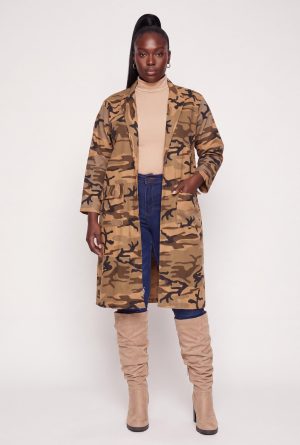 Plus Size Camo Print Cargo Pocket Trench Coat