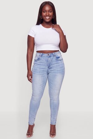 Plus Size High Waisted Whiskered Skinny Jeans